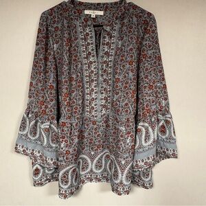 Fever Paisley Print Boho Peasant Slate Blue & Rust Bell Sleeve Blouse Size XL